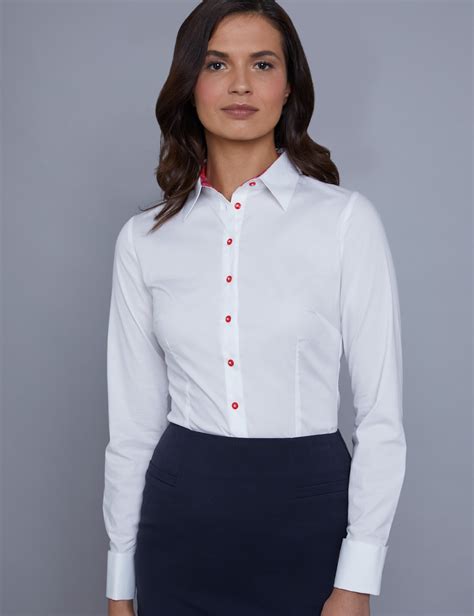 Women S White Fitted Shirt With Floral Contrast Detail Double Cuff Hawes And Curtis