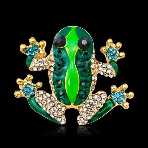 Lmikni New Fashion Green Enamel Frog Brooch Pins Women Crystal Animal
