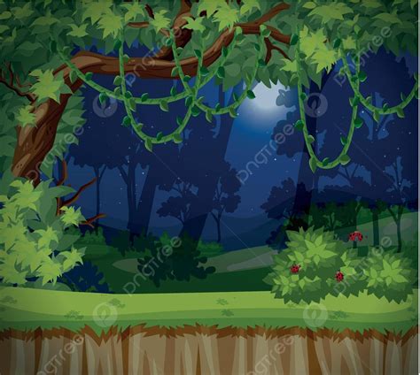 A Dark Forest At Night Cartoon Tree Moon Vector Cartoon Tree Moon