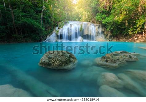 Erawan Waterfall Beautiful Waterfall Sunlight Rays Stock Photo