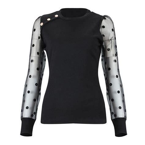 Buy Women Polka Dot Sheer See Through Long Puff Sleeve Blouse Club T Shirts Tops At Affordable
