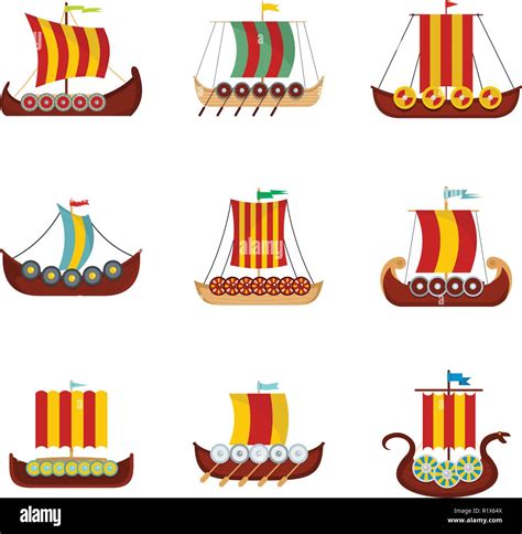 Viking Ship Boat Drakkar Icons Set Flat Illustration Of 9 Viking Ship