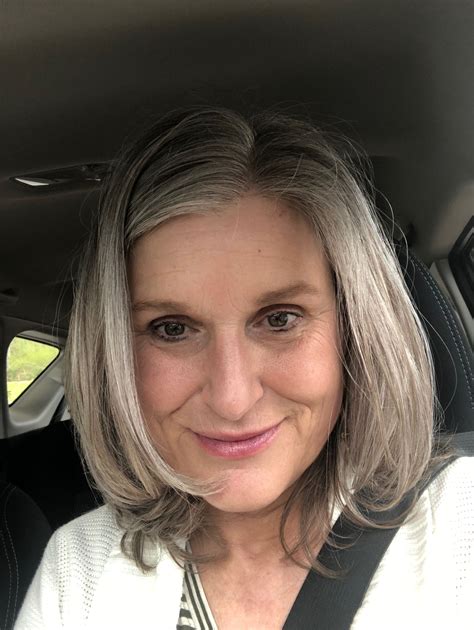 Selfie Middle Aged Woman Selfie Beautiful Gray Hair Long Gray Hair