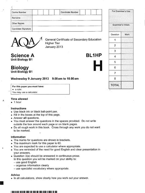Aqa Gcse Biology Past Papers - AQA GCSE Biology 1 Higher Jan 2013