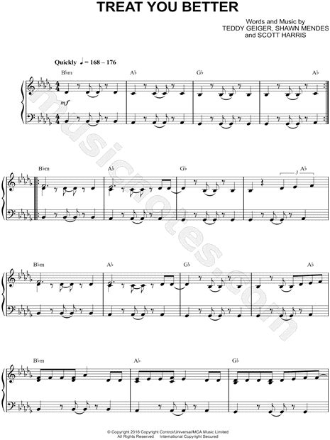 Shawn Mendes Treat You Better Sheet Music Piano Solo In Bb Minor