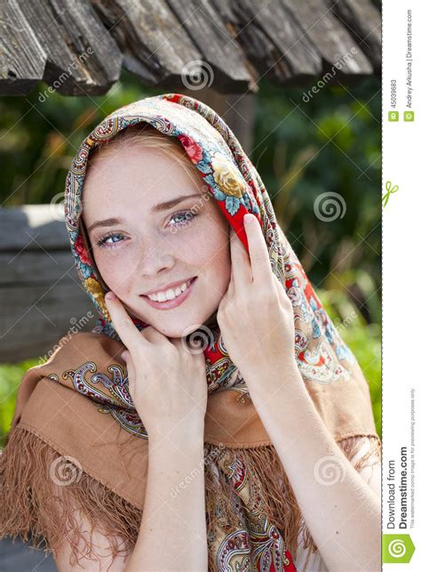 beauty woman in the national patterned scarf stock image image of people closeup 45039683