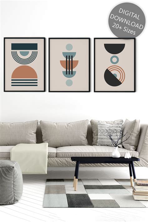 Abstract Set Of 3 Prints Abstract Geometric Shape Wall Art Etsy Mid