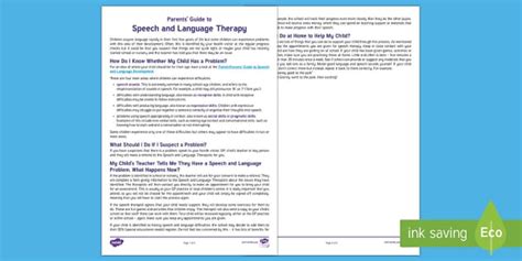 Speech And Language Resources For Parents Guidance Sheet