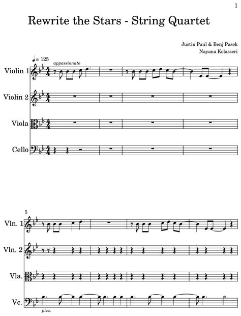 Rewrite The Stars String Quartet Sheet Music For Violin Viola Cello
