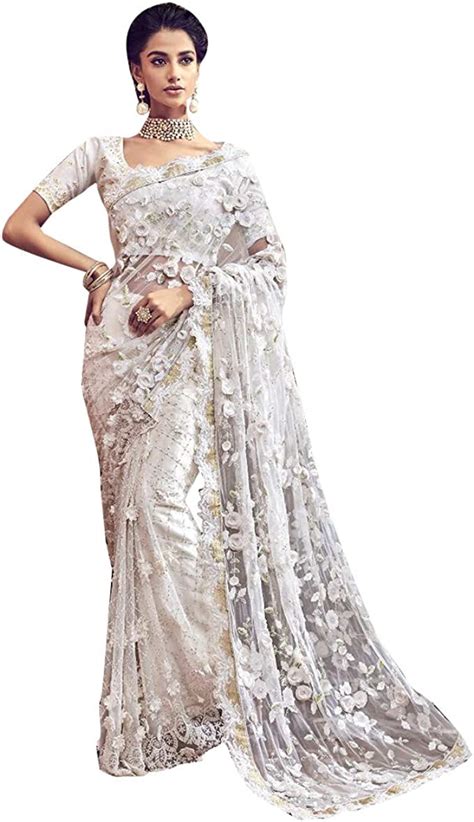 Pure White Designer Original Cut Work Christian Bridal Wedding Flower Saree Blouse Indian Sari