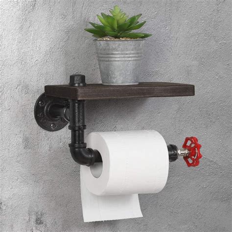Fogein Industrial Toilet Paper Holder With Rustic Wooden Shelf Wall