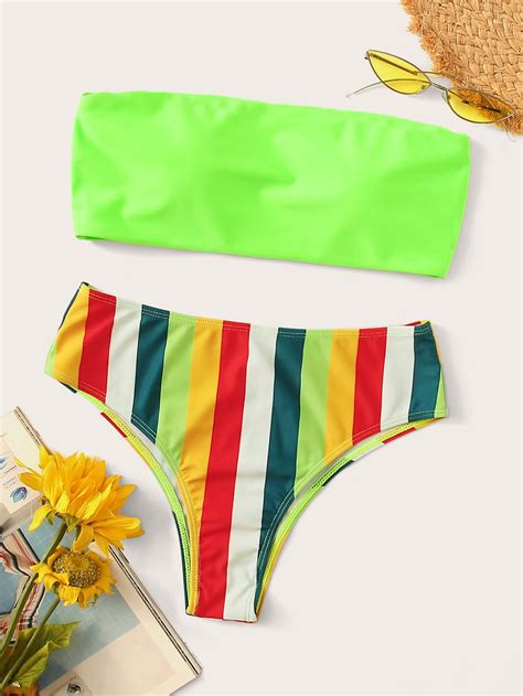 Neon Green Bandeau With Striped Bikini Set Check Out This Neon Green