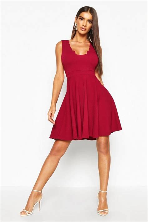 Vivy Scallop Plunge Skater Dress Boohoo