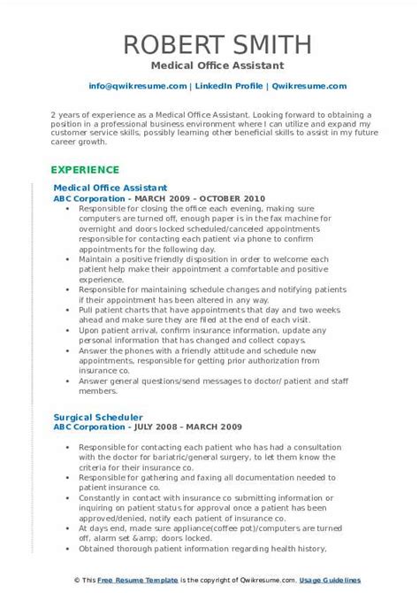 Professional medical sales resume format in pdf. Medical Office Assistant Resume Samples | QwikResume