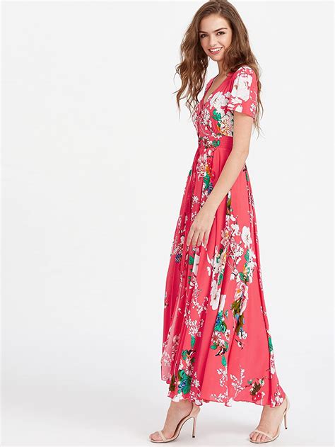 Milumia Womens Button Up Split Floral Print Flowy Party Maxi Dress Red
