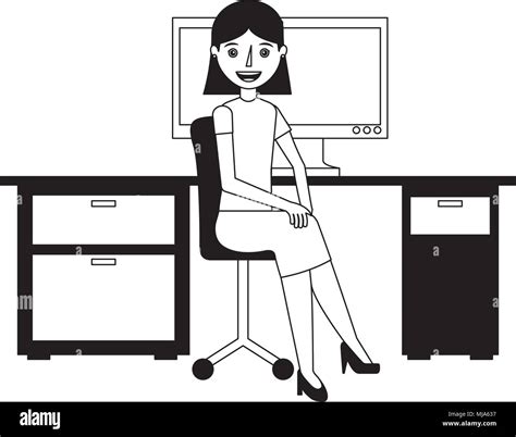 Woman Sitting In The Office Chair Desk And Computer Vector Illustration