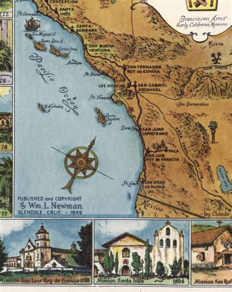 Missions Of California Historic Map Print California Coast Etsy