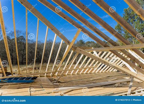 Under Construction Is Timber Truss Framed Building With Rafters Roof