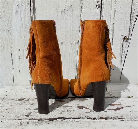 80s Fringed Leather Ankle Boots Suede Fringe Boots High Heel Etsy