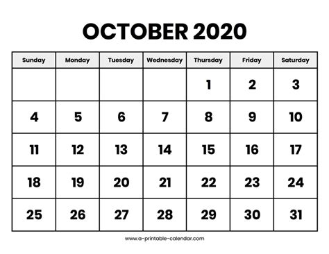 October 2020 Calendar Printable A Printable Calendar