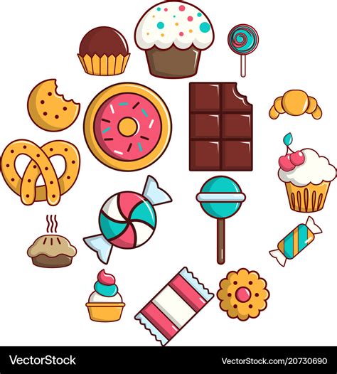 Sweets Candy Cakes Icons Set Cartoon Style Vector Image