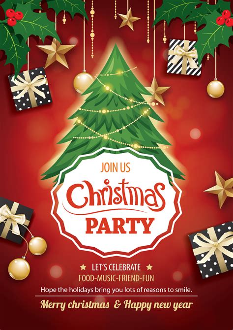 Merry Christmas Party And Tree On Red Background Invitation Theme
