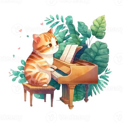 Free Cat Playing Piano Watercolor Ai Generative 23390580 Png With