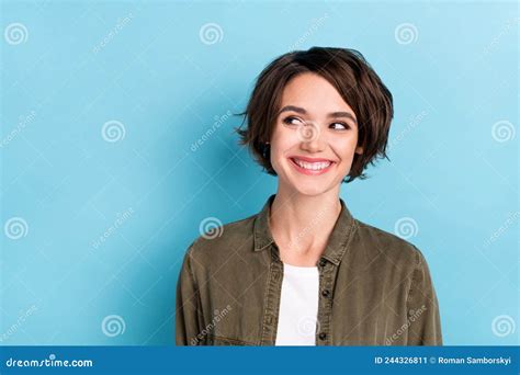 Photo Of Impressed Millennial Bob Hairdo Lady Look Promo Wear Khaki