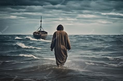 Jesús Camina Sobre El Agua A Través Del Mar Hacia Un Barco Durante Una