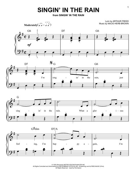 Singin In The Rain Sheet Music Arthur Freed Easy Piano