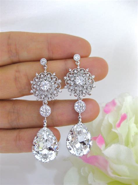 Clear White Crystal Bridal Earrings Wedding Jewelry Swarovski Crystal