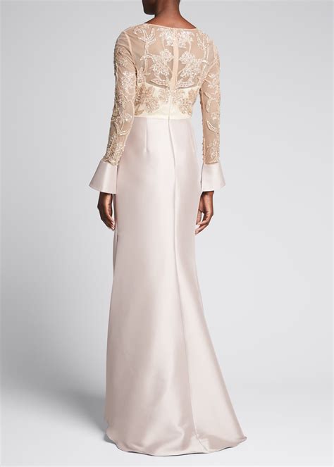 Badgley Mischka Collection Beaded Bodice Long Sleeve Mikado Gown