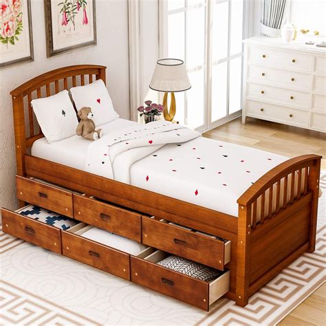 Storage Bed Frame Twin With 6 Drawersjulyfox Walnut Pine Wood Bed Platform With Slat Headboard
