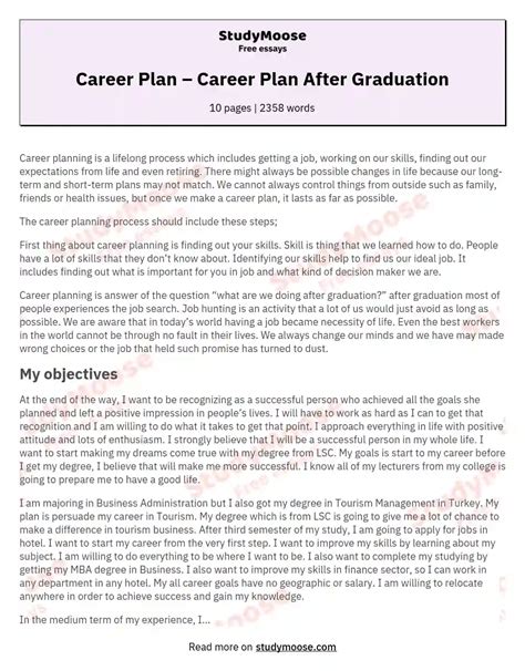 Career Plan Career Plan After Graduation Free Essay Example