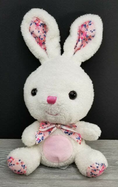 Hugfun Bunny Rabbit Plush Stuffed Animal Pink White Floral Flower Bow