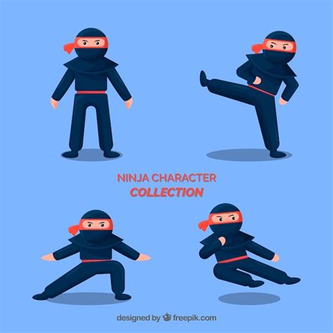 Free Vector Ninja Warrior In Different Poses With Flat Design