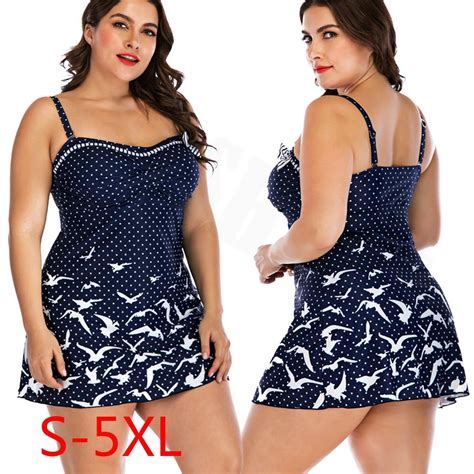 Buy Women Plus Size Swimdress Two Piece Polka Dot Printed Seagull