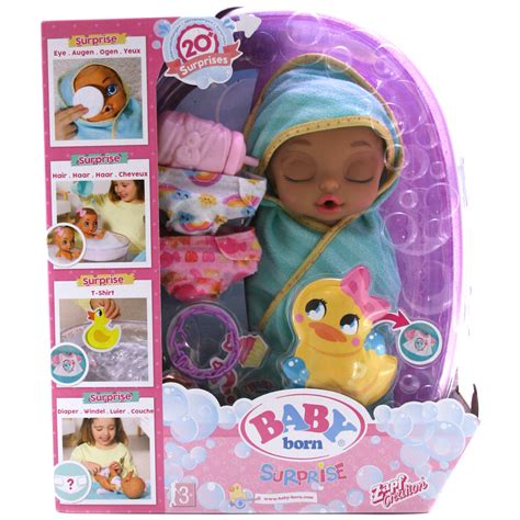 The bath tub, soft terry robe and headband, diaper, shampoo, soap, baby wash towel and adorable rubber dolphin will delight your child. Baby Born Surprise Baby Bathtub Surprise Doll with 20 ...