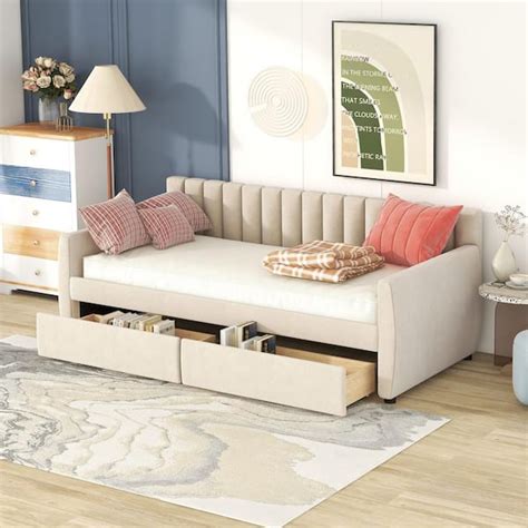 Harper Bright Designs Beige Twin Size Upholstered Velvet Daybed With Storage Drawers