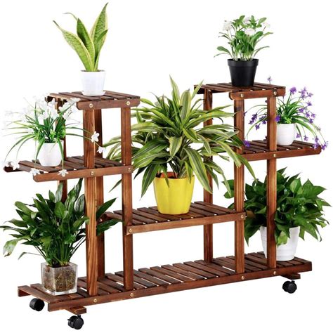 Wood Plant Stand Indoor Outdoor With Wheel Plant Display Multi Tier