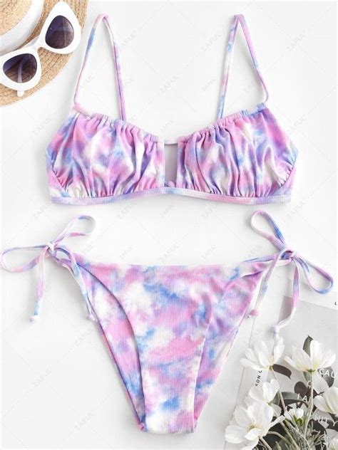 [31 Off] 2021 Zaful Ribbed Tie Dye Cutout String Bikini Swimwear In Light Purple Zaful