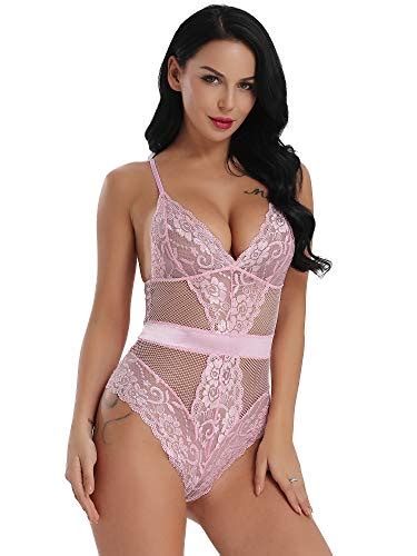 Joyaria Womens See Thru Lace Teddy Lingerie One Piece Bodysuit Pink