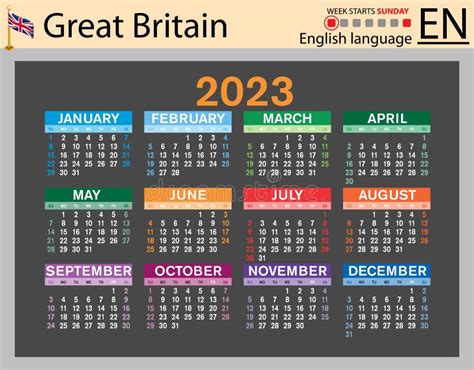 English Horizontal Pocket Calendar For 2023 Week Starts Sunday Stock