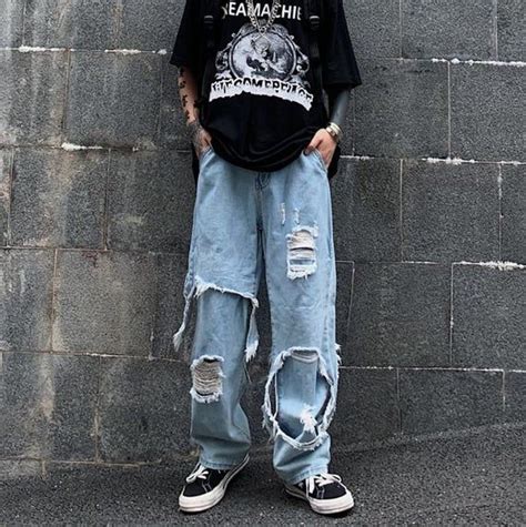 Destroyed Ripped Baggy Denim Pants Etsy Baggy Clothes Aesthetic Baggy Clothes Aesthetic