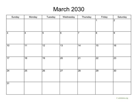 Basic Calendar For March 2030