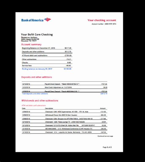 Bank Of America Statement Template New Bank Statement Bank America Mis