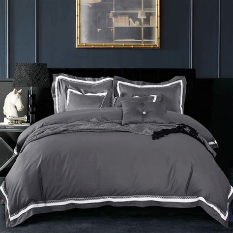 4pc 100 Cotton Luxury Satin Fabric Solid Color Dark Grey Duvet Cover
