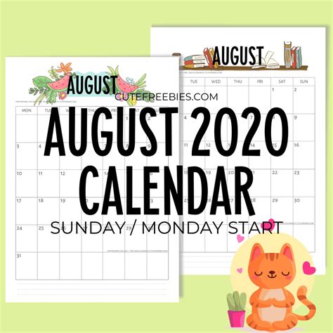 August 2020 Calendar Printable Pdf Cute Freebies For You Calendar