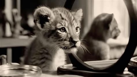 Premium Photo Kitten Looking At Round Mirror On Table Male Lion Inside Mirror Close Up