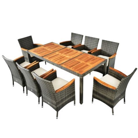 Costway Pcs Patio Rattan Dining Set Acacia Wood Table Cushioned Chair